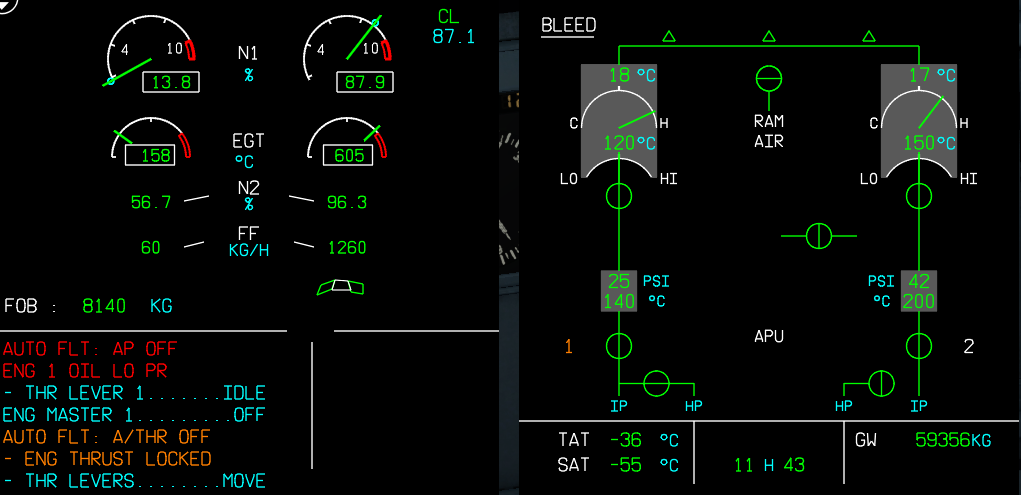 Toliss A319的告警信息怎么处理：ENG 1 OIL LO PR-1270 