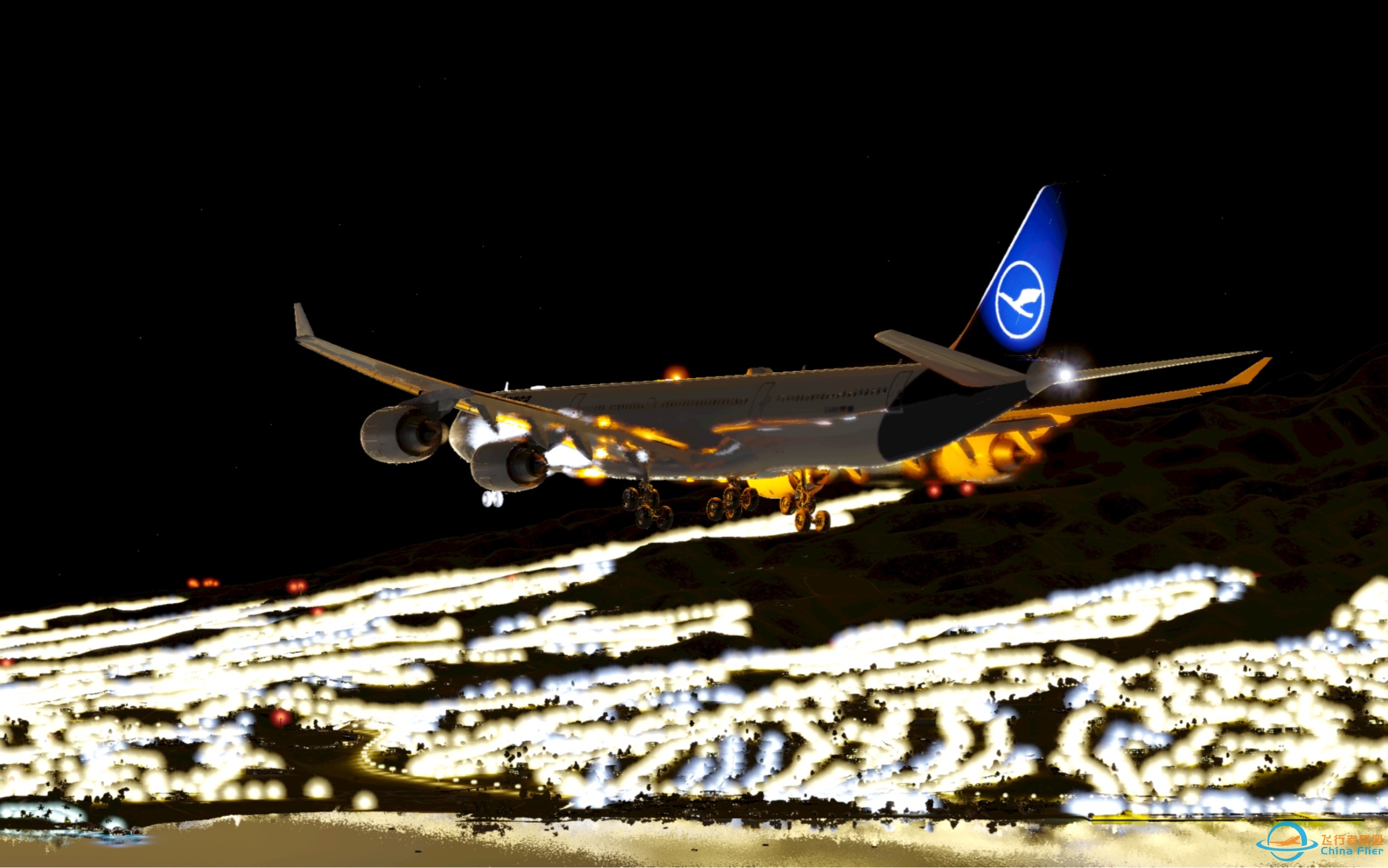 「X-Plane 12」A340-600无超限夜间落地法阿国际机场-9142 